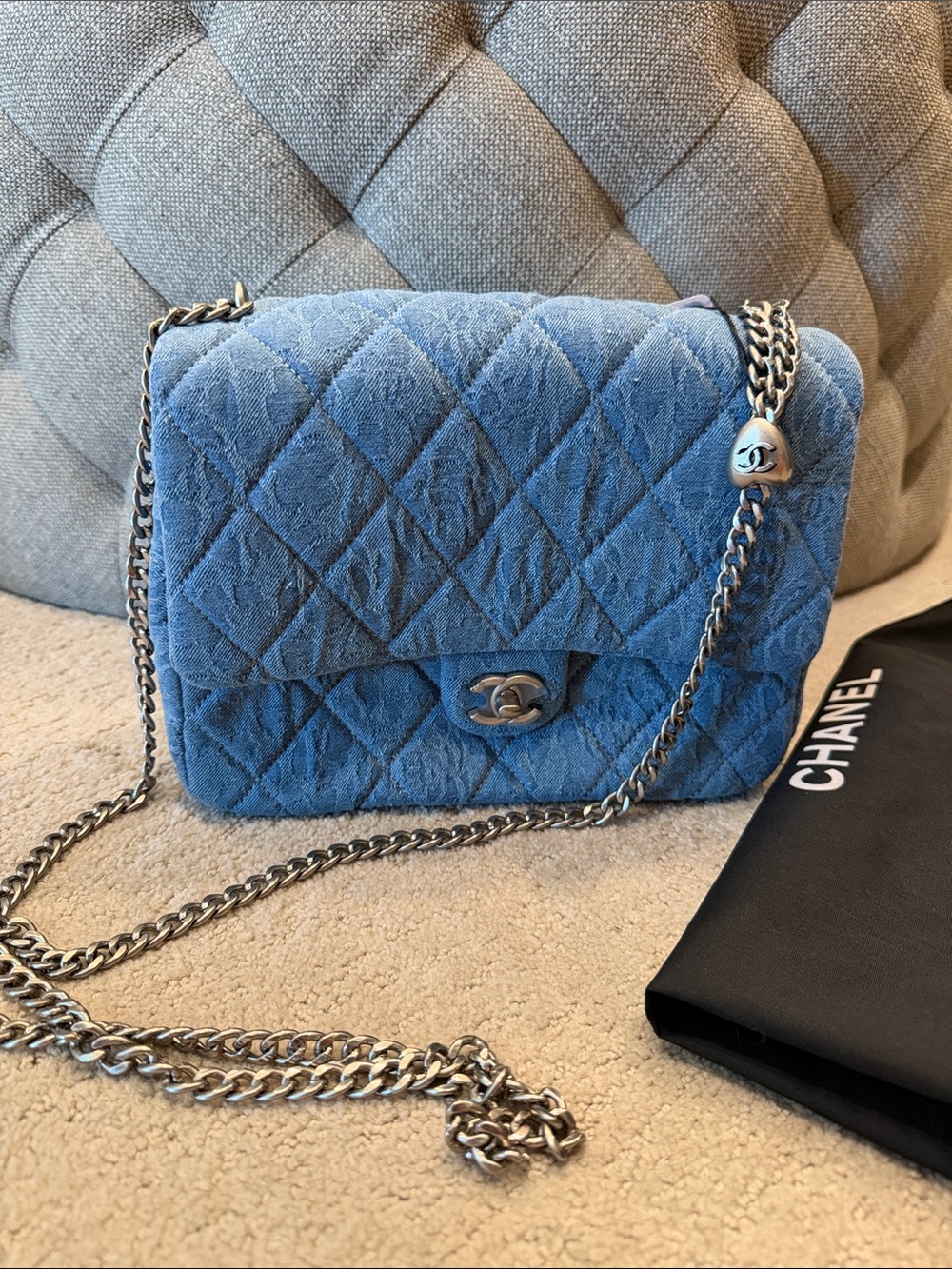 CC Quilted Denim Flap Bag - Light Blue
